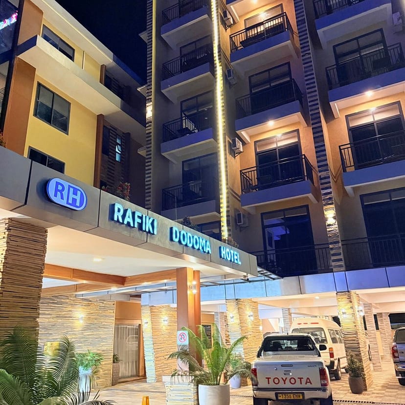 Rafiki Dodoma Hotel conference center: illuminated exterior for corporate events and meetings.