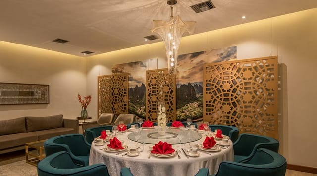 Luxury private dining room with lazy Susan for executive board meetings and VIP events.