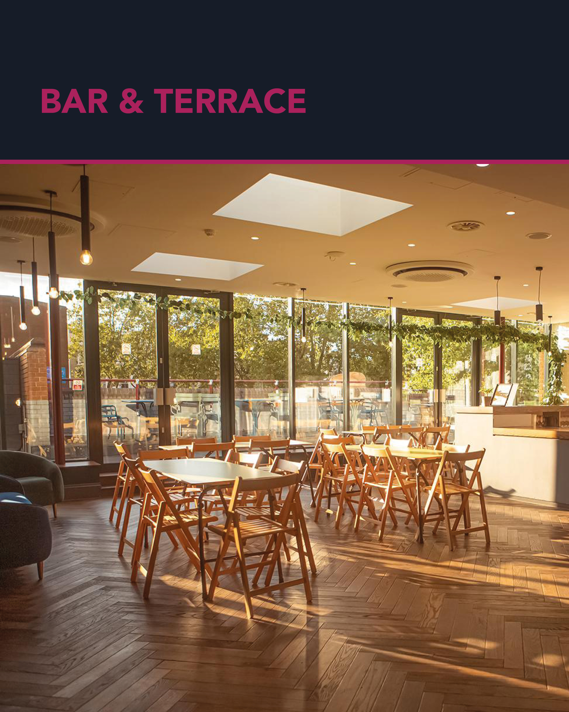 Bar and Terrace at Chelsea Theatre, a bright space for informal gatherings and workshops.