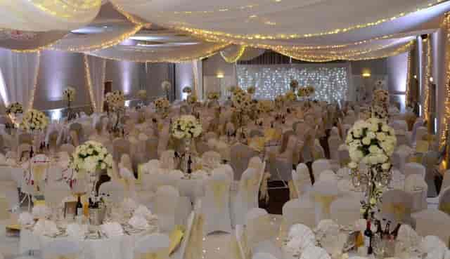 Heart of Kent Suite banquet hall with fairy lights for weddings and gala events.