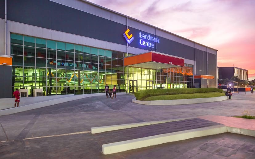 Modern Landmark Event Centre exterior at sunset for outdoor activations and corporate exhibitions.