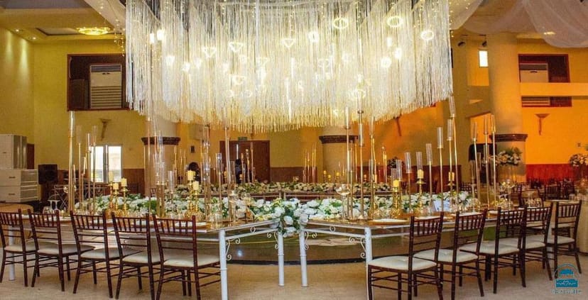 Fringe chandelier centerpiece at The Lekki Coliseum luxury event venue for weddings and galas.