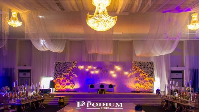 Elegant ballroom with floral backdrop and chandeliers, perfect for luxury weddings and galas.