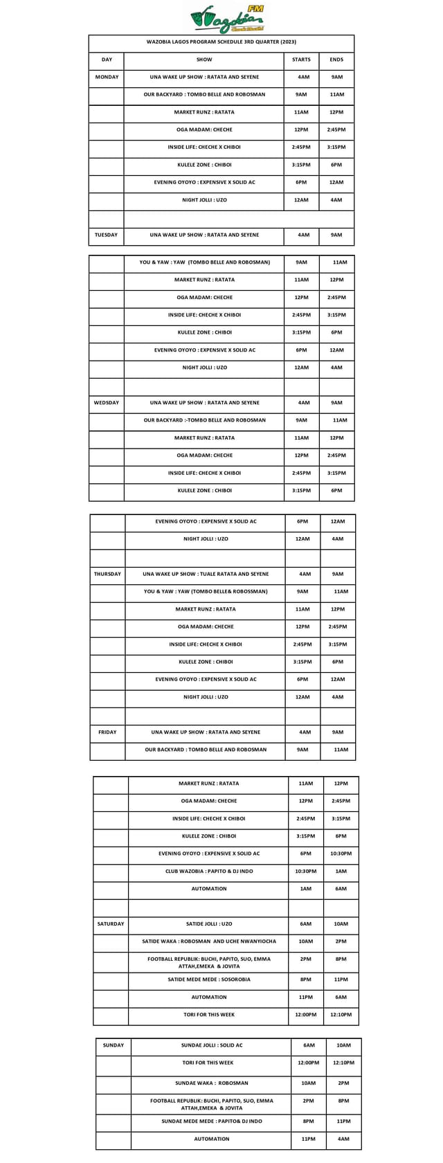 Wazobia WEP broadcast run-of-show schedule with segment timing for professional event production.