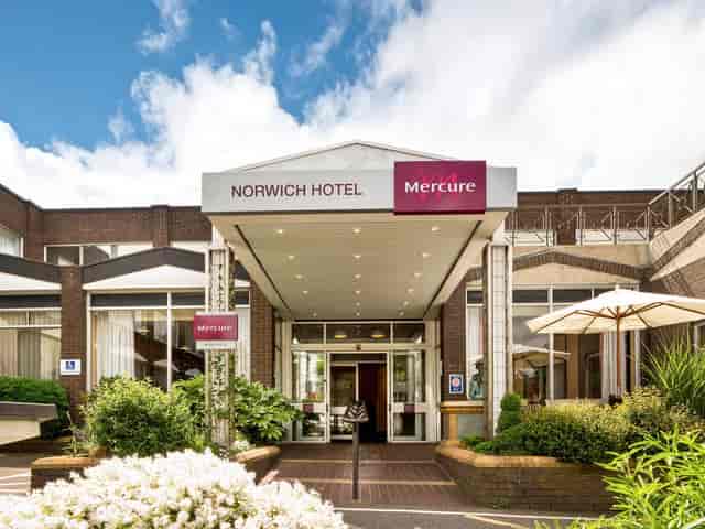 Mercure Norwich Hotel exterior with porte-cochère, ideal for group event check-ins and arrivals.