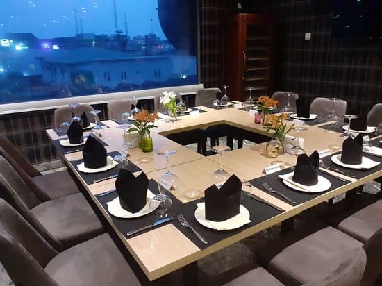 U-shaped boardroom setup at Noir Lagos, ideal for professional business meetings and conferences.