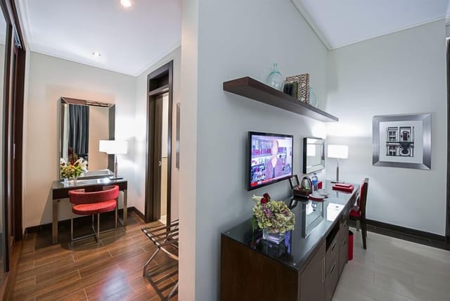 Sky Bar hotel room workspace and vanity for business travel and corporate lodging.