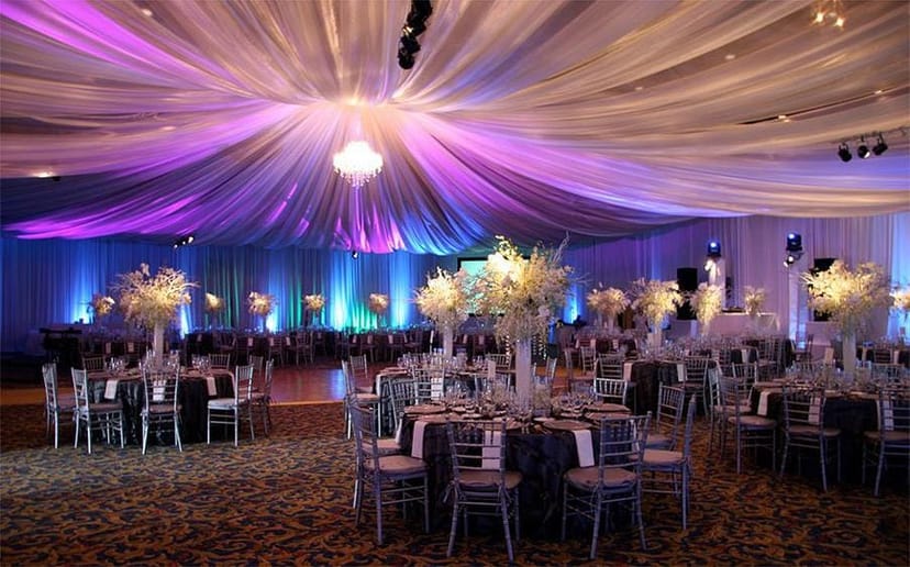 The Providence banquet hall with elegant ceiling draping, perfect for wedding or gala events.