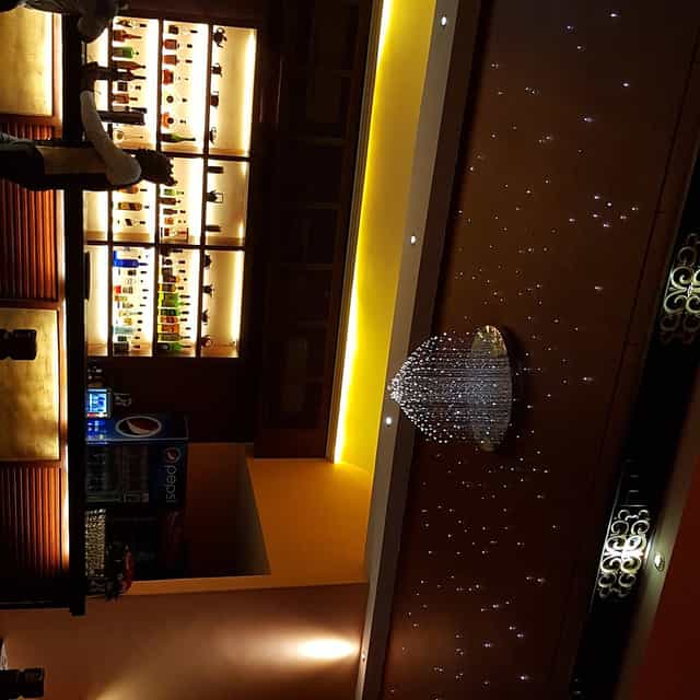 Upscale Zen Garden conference lounge with fiber-optic ceiling for networking events and cocktails.