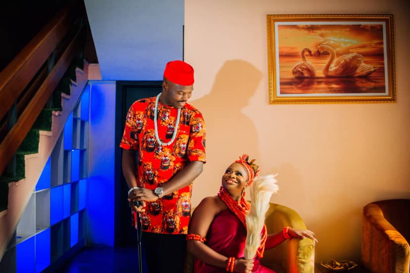 Nigerian couple in traditional wedding attire at Euphoria Event Centre for authentic celebrations.
