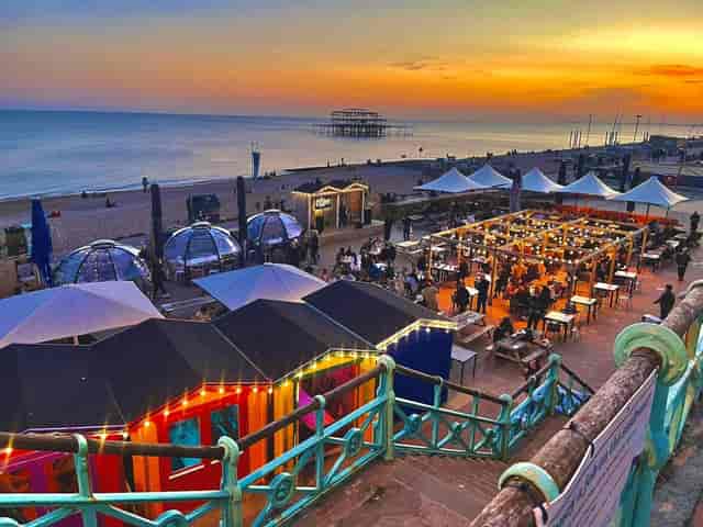 Brighton Music Hall beachfront terrace venue with geodesic domes for events and outdoor dining.