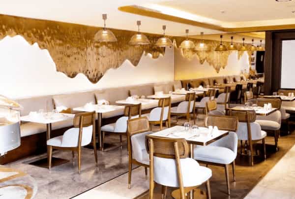 Upscale dining room at The Delborough for executive board meetings and corporate networking.
