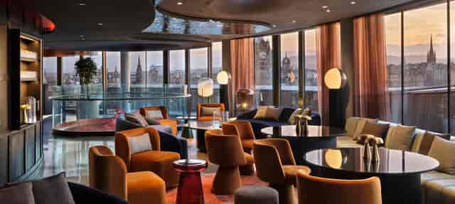 Luxury hotel lounge with skyline view for VIP receptions and corporate events.