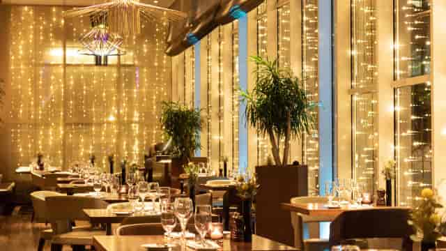 One Square Bar & Brasserie with fairy-light decor for gala dinners and evening receptions.
