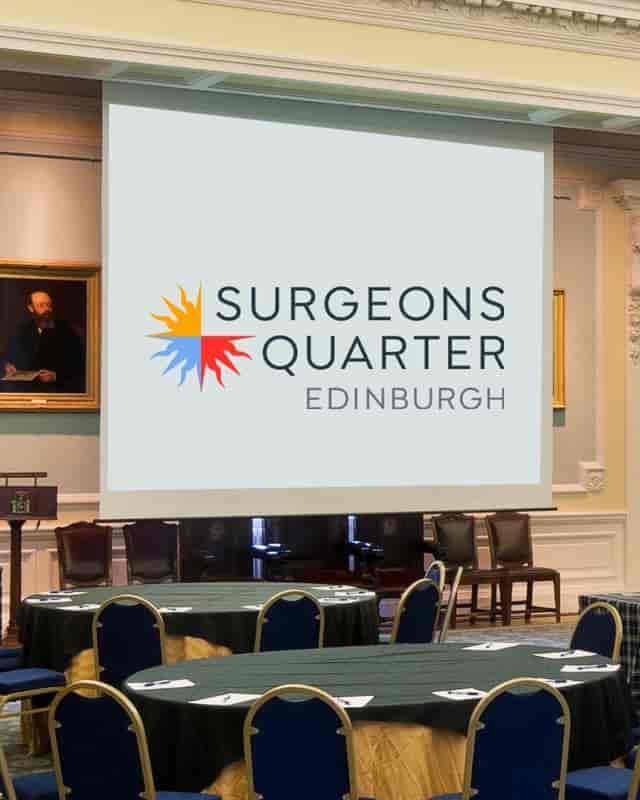 Modern AV screen in historic Quincentenary Conference Centre, Edinburgh for professional events.
