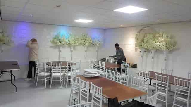 Diamond Plaza event hall with floral installations, ideal for weddings and corporate galas.