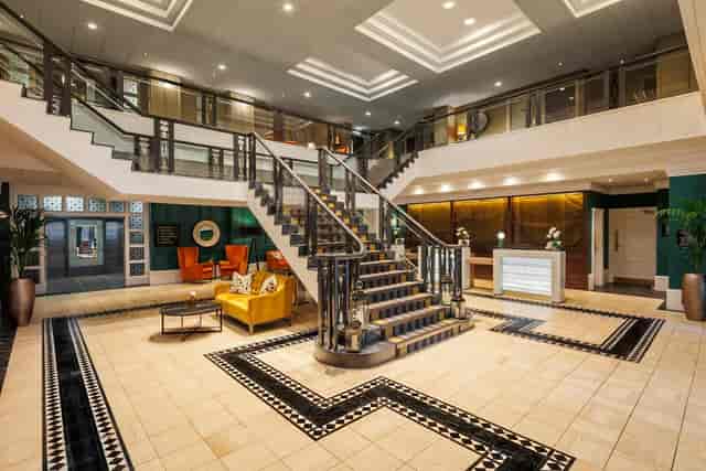 Crowne Plaza Leeds hotel lobby for corporate event registration and grand conference arrivals.