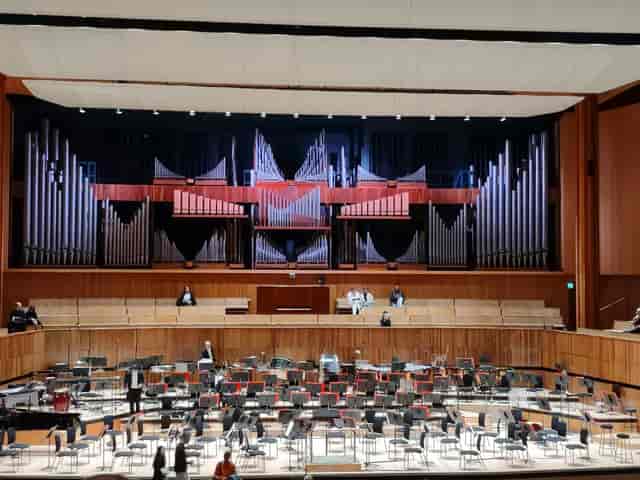 Royal Festival Hall concert venue featuring stage setup for gala events and keynote sessions.