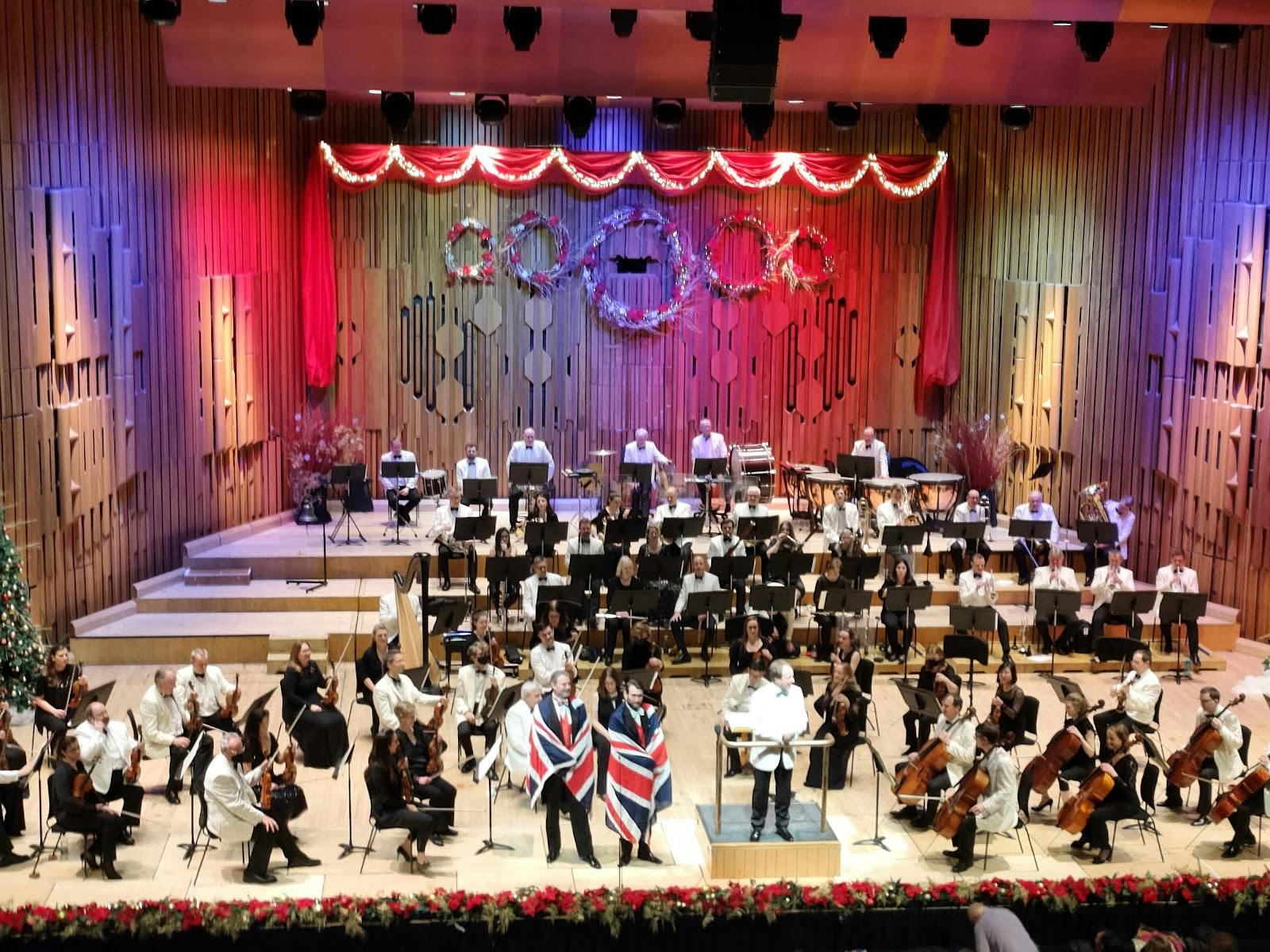 Royal Festival Hall stage with tiered orchestra for symphonic performance and gala event. - Banner