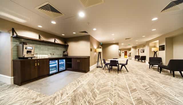 Modern conference center foyer for corporate events and professional business networking.