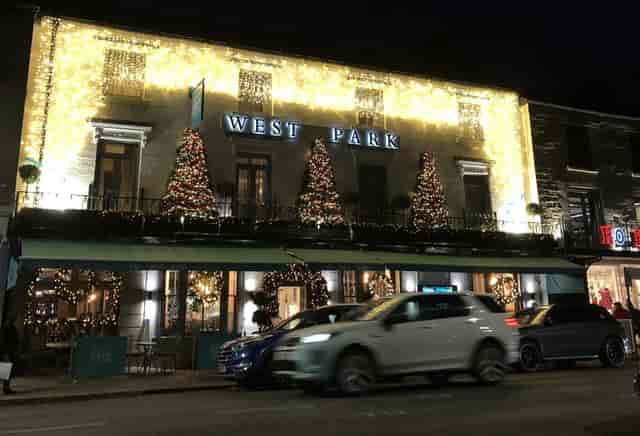 Festive West Park Hotel restaurant, elegant decor for corporate dinners and holiday events.
