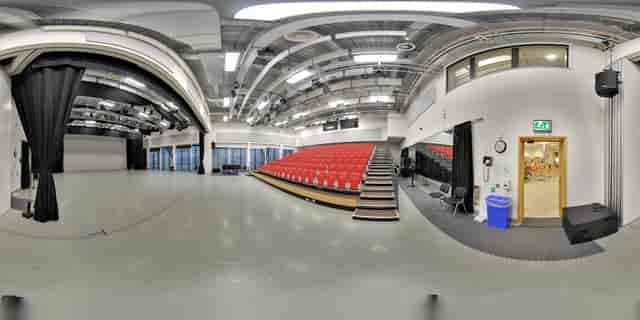 Stanley & Audrey Burton Theatre black-box studio with tiered seating for events and workshops.