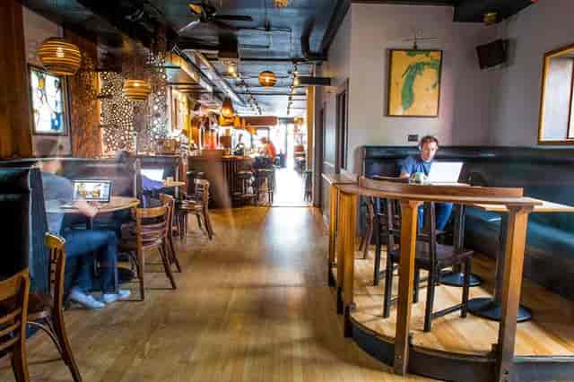 Casual coworking coffeehouse in Long Room Chicago for networking events and small meetings.