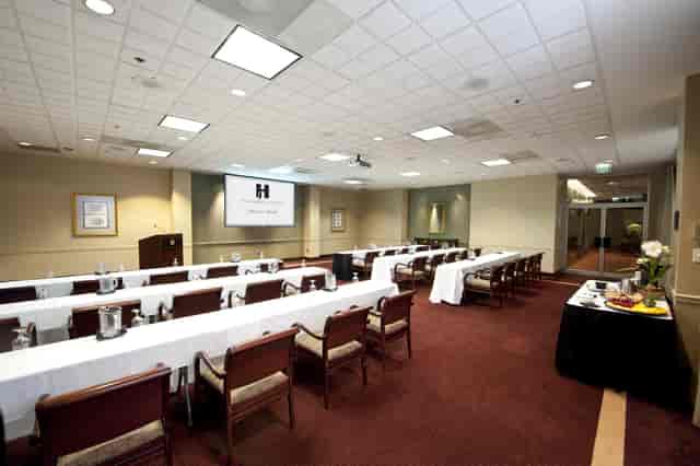 Beeson Hall classroom meeting room set for corporate presentation and business seminar.