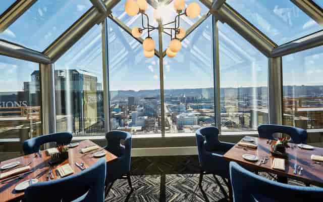 Executive retreat venue in Birmingham with floor-to-ceiling glass and dramatic cityscape views.