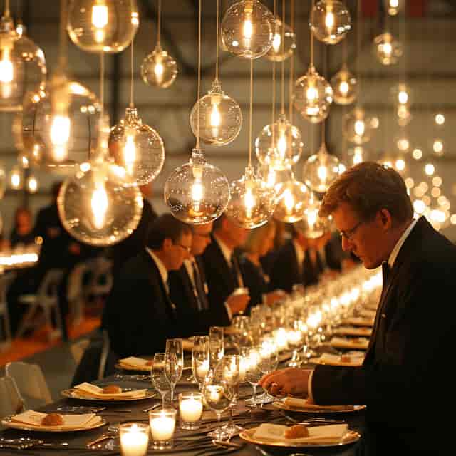 Elegant restaurant-style executive dining room with ambient lighting for corporate events.