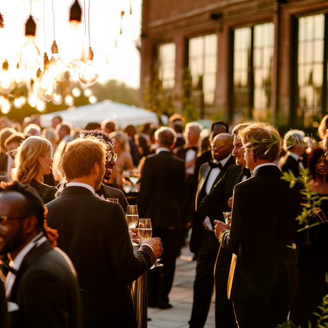 Outdoor networking reception at The Sage with cocktail guests during golden hour.