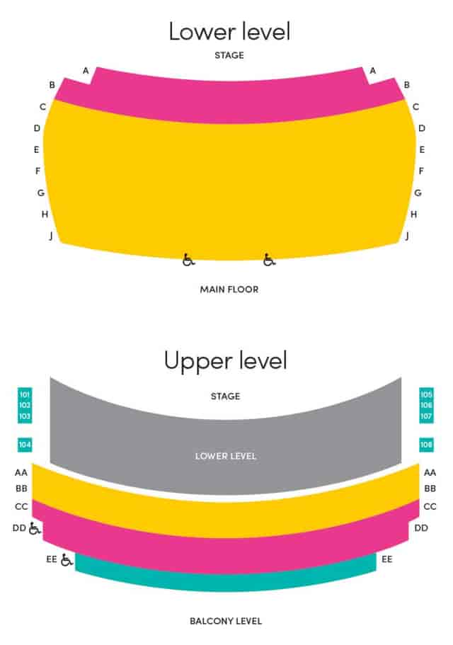 Sirote Theater seating chart: main floor ADA accessibility and split-level venue layout.