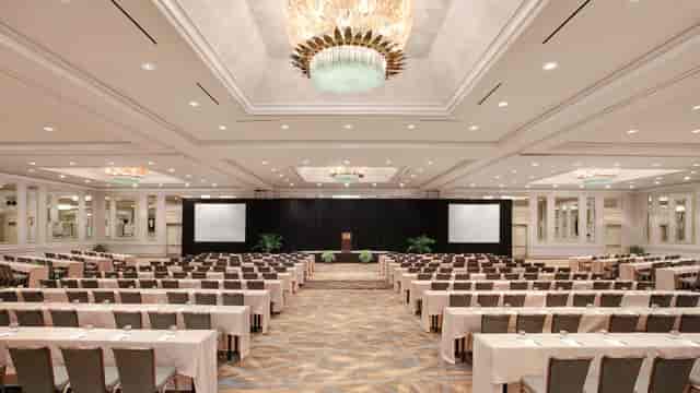 Birmingham Convention Center ballroom with stage, classroom setup for corporate conferences.
