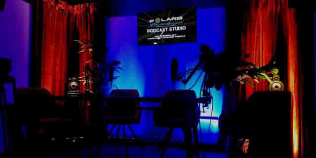 POLARIS BHM podcast studio with neon lighting for hybrid event content creation.