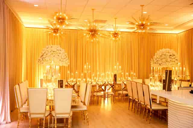 ZANA private dining room with starburst chandeliers for luxury gala or wedding reception.