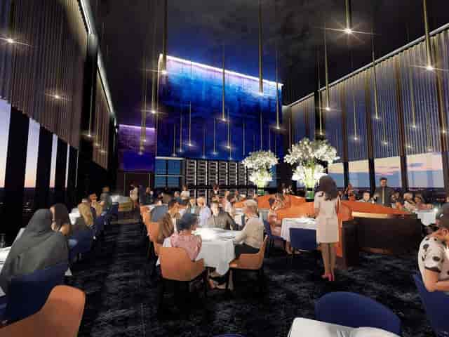Orelle 103 Colmore Row: Modern dining room with vertical lighting for corporate events and dinners.