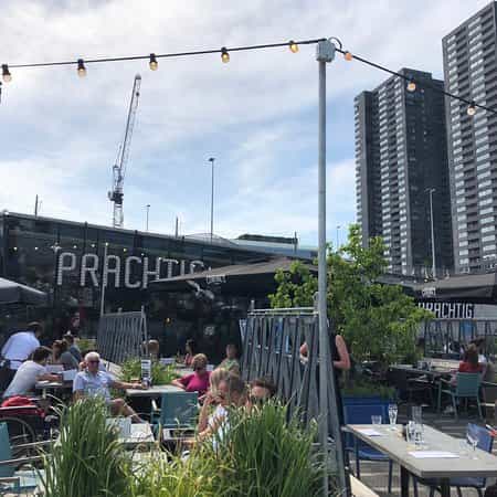 Industrial-chic outdoor restaurant for networking events and team-building lunches.
