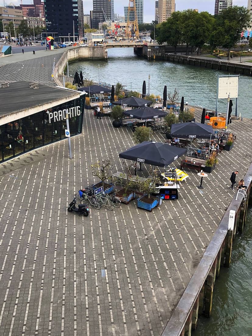 Industrial-chic waterfront restaurant, ideal for networking receptions and corporate events.