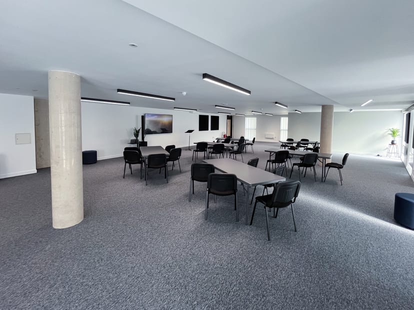 Versatile Banning Street event space with modular classroom setup for corporate training sessions.
