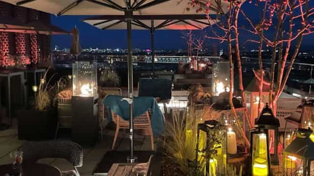 Rooftop terrace in Fitzroy Munich with fire pits for high-end networking and private events.