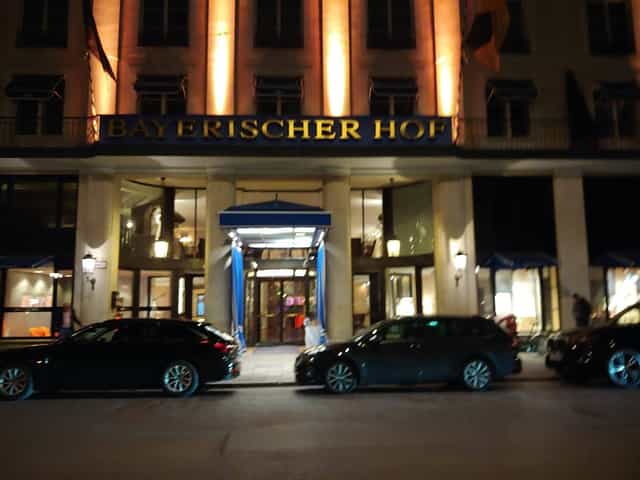 Grand entrance of Bayerischer Hof Munich, luxury executive meeting venue.