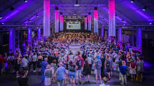 TonHalle München event space with vertical uplighting for corporate gala and concert production.