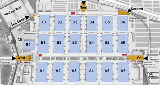 B6 Lounge floor plan, Messe München: scalable modular trade show exhibition center layout.