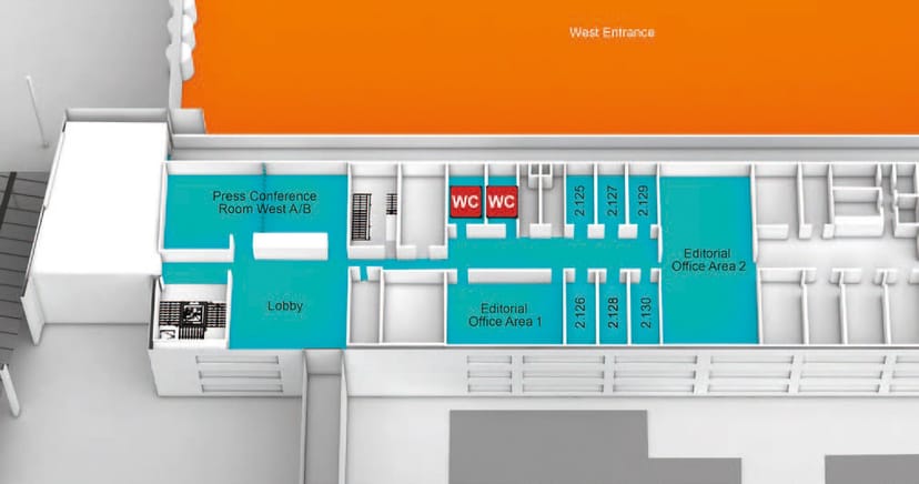 Messe München Press Center floor plan: media logistics and event operations venue map.