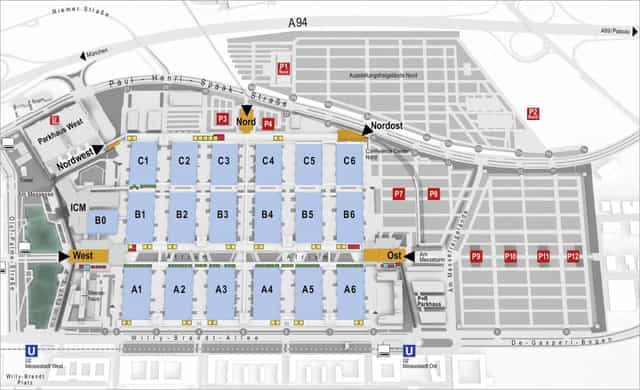 Messe München Pressezentrum West site map for large-scale exhibition and event logistics planning.