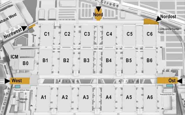 Messe München exhibition center hall map for trade fair logistics and event floor planning.