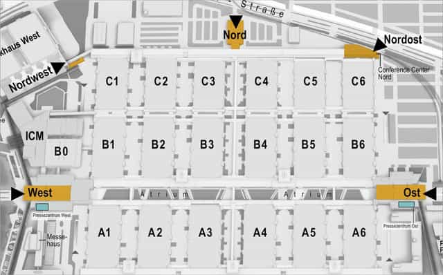 Messe München exhibition center hall map for trade fair logistics and event floor planning.