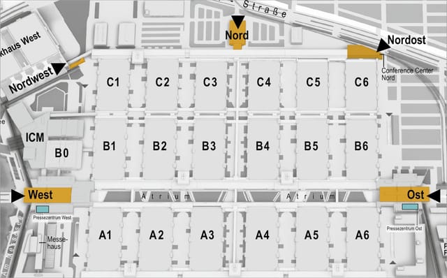 Messe München exhibition center hall map for trade fair logistics and event floor planning.