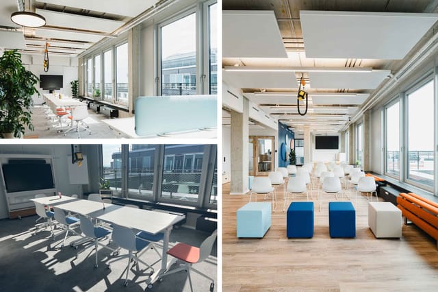 Modern collaborative meeting space with modular furniture for workshops and corporate events.