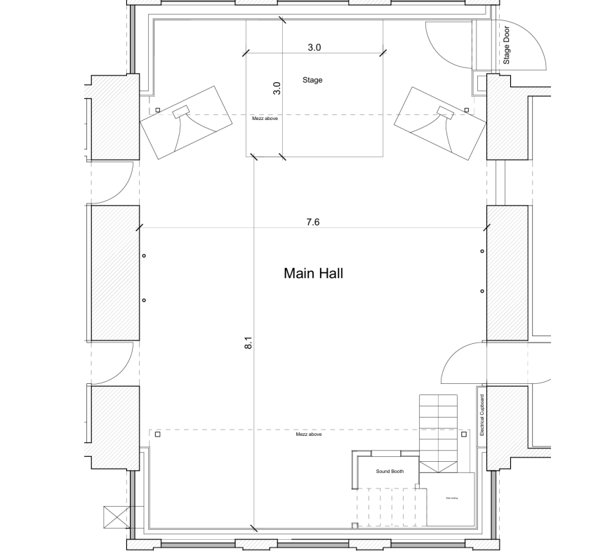 Main Hall floor plan at CLUB CHEEK showing stage and exits for event planning and venue layout. - Banner